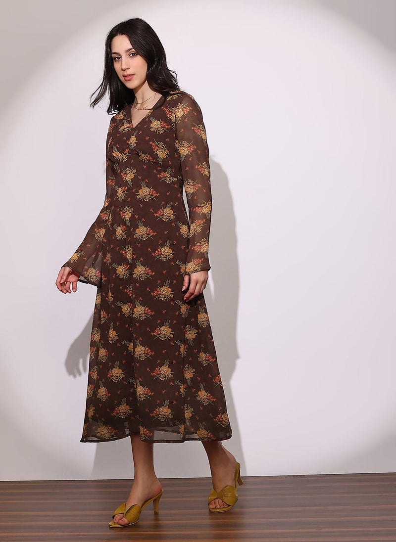 Globus Women Brown V-Neck Bell Sleeves Floral Print Georgette Midi A-Line Dress - Image 3
